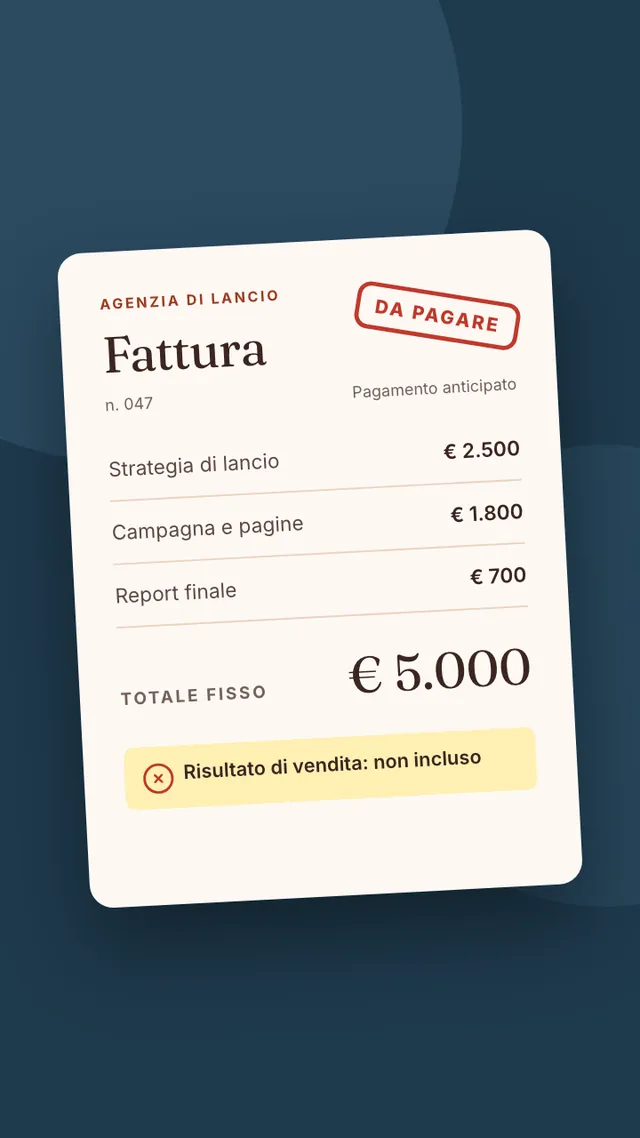 Una fattura di agenzia da 5.000 euro a importo fisso, con il timbro «Da pagare» e la nota «Risultato di vendita: non incluso».
